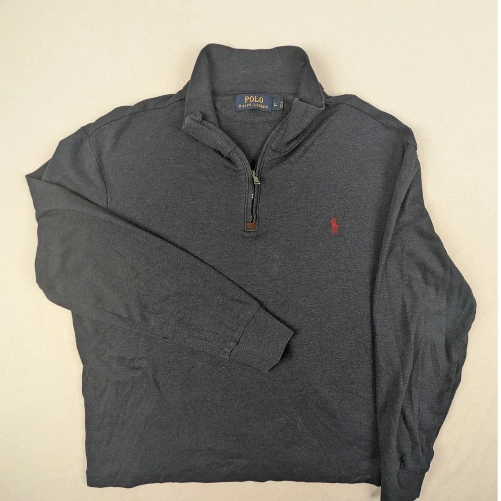 Polo Ralph Lauren Mens Large Navy Blue Heather Quarter Zip Cotton Pullover Logo